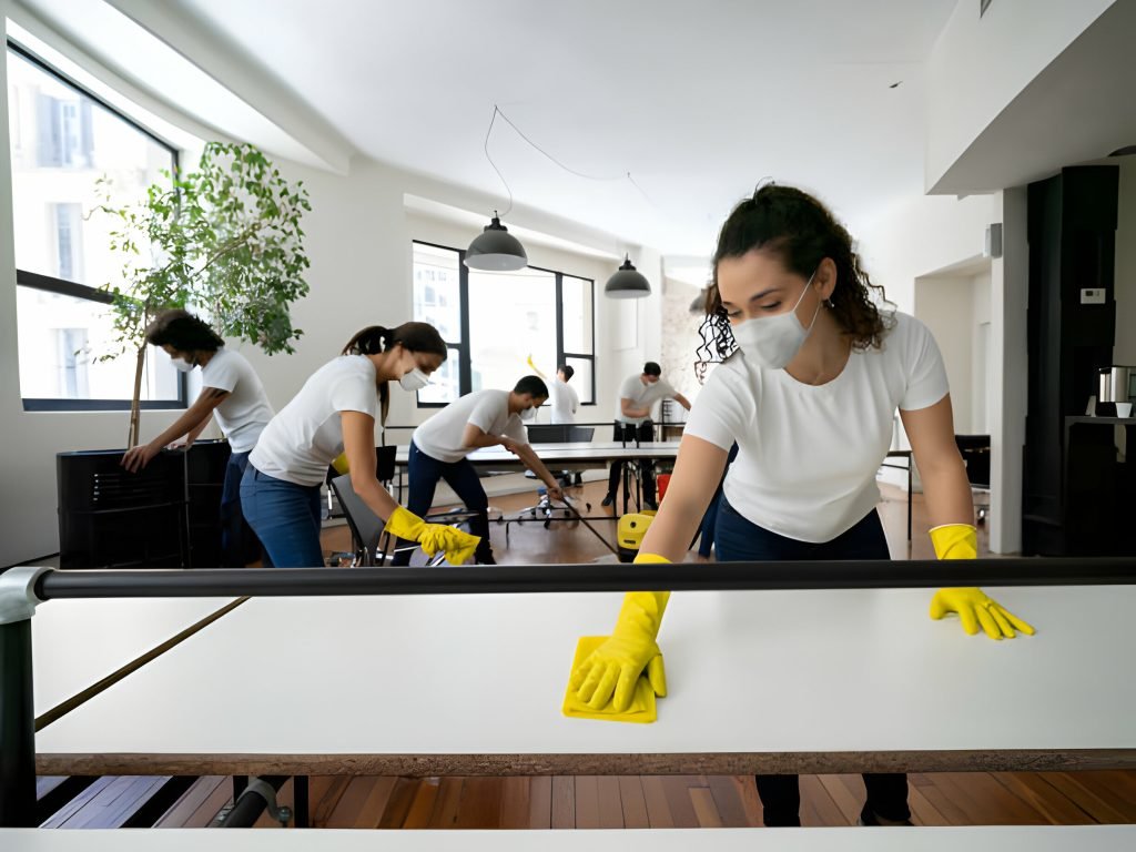 Schoonmaakteam van NOVUS Cleaning maakt een kantoortuin schoon