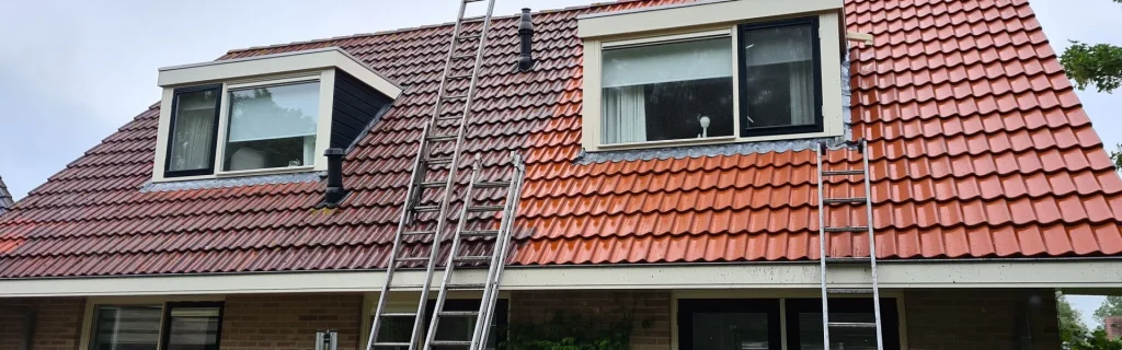 Dakreinigingsproject aan een woning met ladder tegen de dakgoot