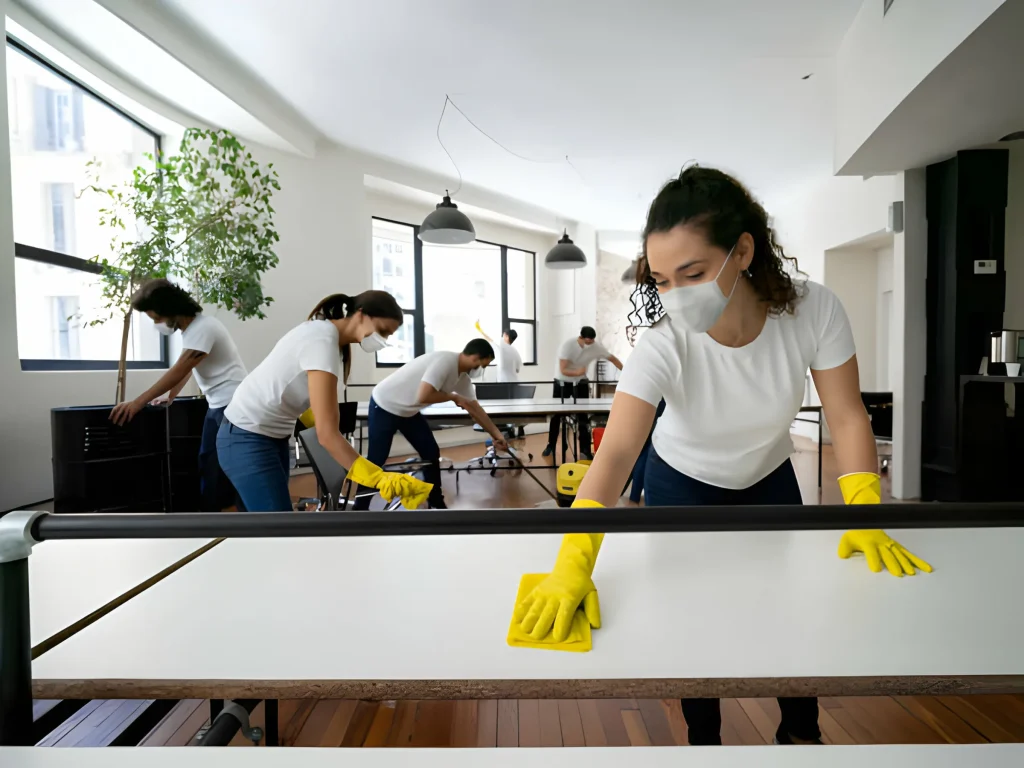 Schoonmaakteam reinigt een kantoortuin